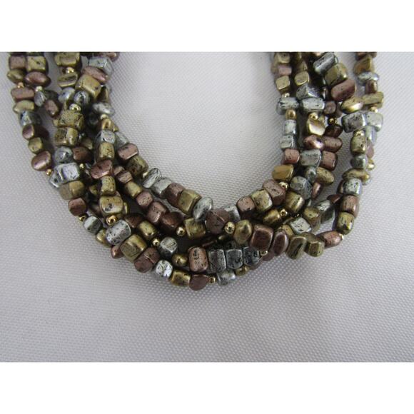 Brown Silver Multi Strand Beaded Necklace Boho Cottagecore Collar Choker Chic - Picture 5 of 7